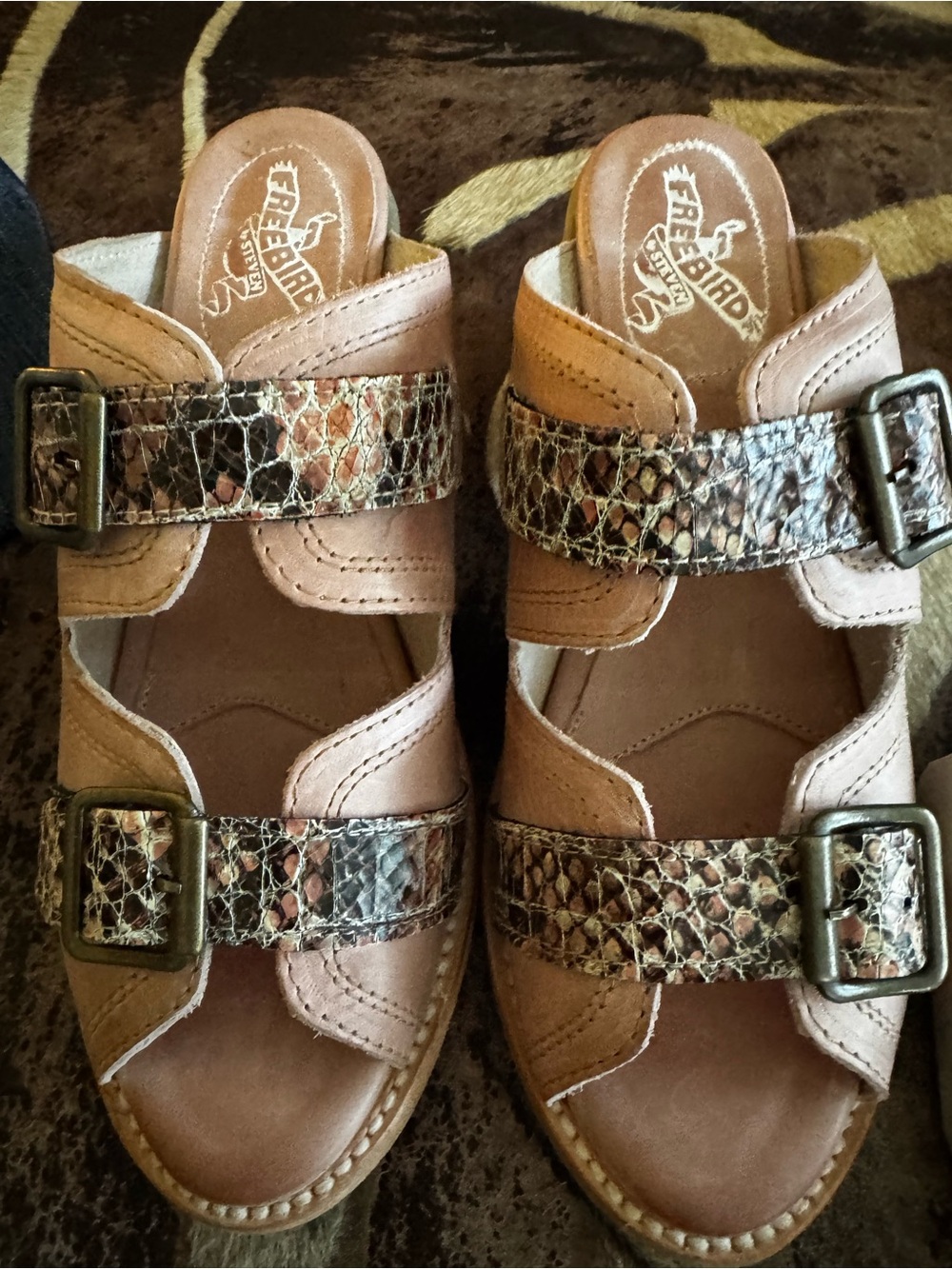Freebird Brown /Blush Leather Sandal with Snakeskin Straps- never worn. 2” heel